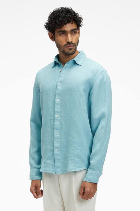 Buy_Terra Luna_Blue Linen Coda Button Down Shirt _Online_at_Aza_Fashions