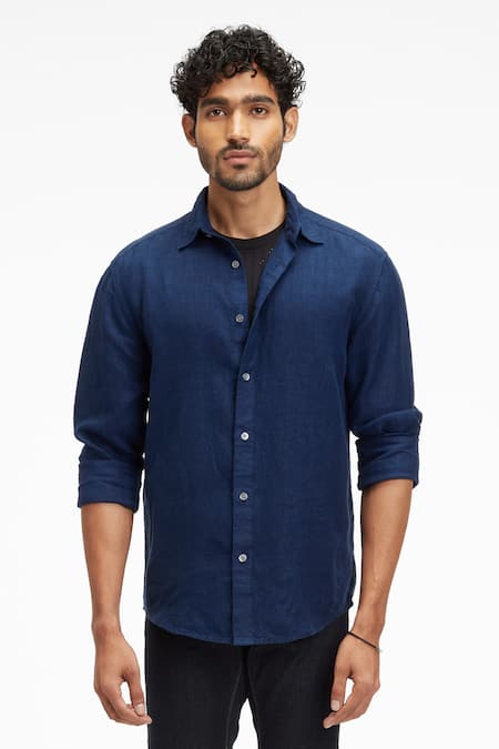 Shop_Terra Luna_Blue Linen Coda Button Down Shirt _at_Aza_Fashions