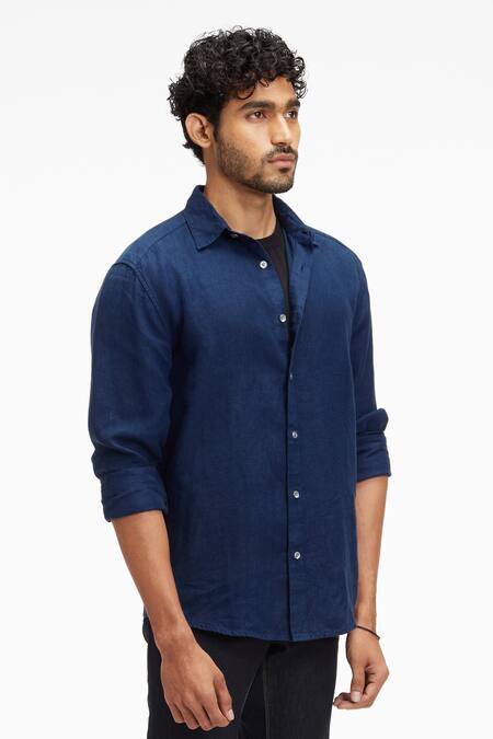 Terra Luna_Blue Linen Coda Button Down Shirt _Online_at_Aza_Fashions