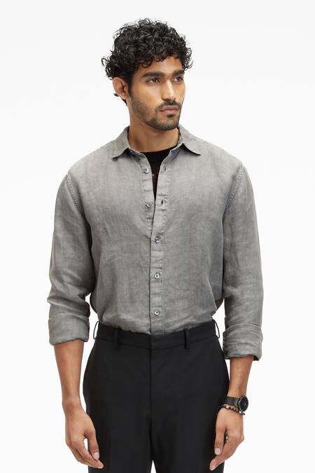 Terra Luna_Grey Linen Coda Button Down Shirt _Online_at_Aza_Fashions