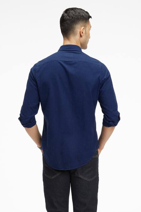 Shop Terra Luna Blue Cotton Embroidery Pacha Organic Handloom Oxford Shirt at Aza Fashions Shop_Terra Luna_Blue Cotton Embroidery Pacha Organic Handloom Oxford Shirt_at_Aza_Fashions