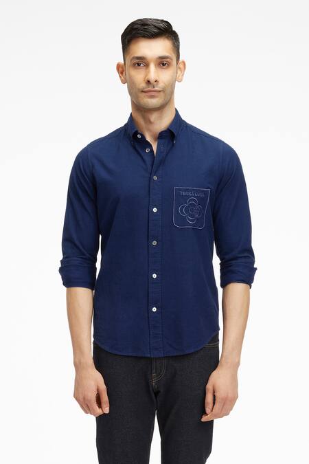 Terra Luna Blue Cotton Embroidery Pacha Organic Handloom Oxford Shirt Online at Aza Fashions Terra Luna_Blue Cotton Embroidery Pacha Organic Handloom Oxford Shirt_Online_at_Aza_Fashions