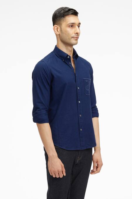 Buy Terra Luna Blue Cotton Embroidery Pacha Organic Handloom Oxford Shirt Online at Aza Fashions Buy_Terra Luna_Blue Cotton Embroidery Pacha Organic Handloom Oxford Shirt_Online_at_Aza_Fashions