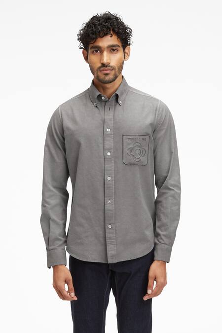 Terra Luna_Grey Cotton Embroidery Pacha Organic Handloom Oxford Shirt_Online_at_Aza_Fashions