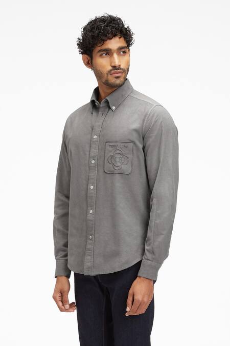 Buy_Terra Luna_Grey Cotton Embroidery Pacha Organic Handloom Oxford Shirt_Online_at_Aza_Fashions