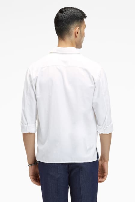 Shop Terra Luna White Cotton Zouk Organic Handloom Oxford Shirt at Aza Fashions Shop_Terra Luna_White Cotton Zouk Organic Handloom Oxford Shirt_at_Aza_Fashions
