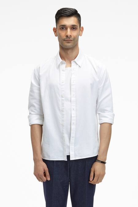 Terra Luna White Cotton Zouk Organic Handloom Oxford Shirt Online at Aza Fashions Terra Luna_White Cotton Zouk Organic Handloom Oxford Shirt_Online_at_Aza_Fashions