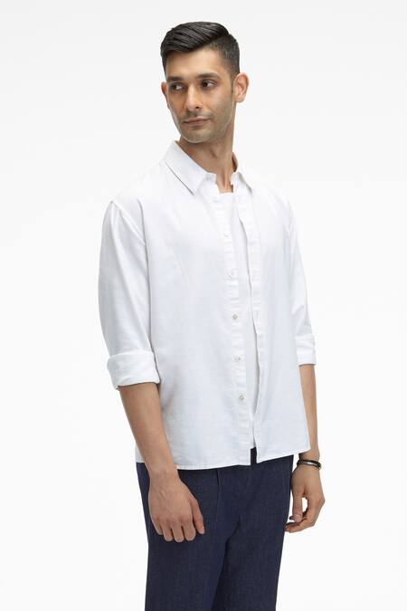 Buy Terra Luna White Cotton Zouk Organic Handloom Oxford Shirt Online at Aza Fashions Buy_Terra Luna_White Cotton Zouk Organic Handloom Oxford Shirt_Online_at_Aza_Fashions
