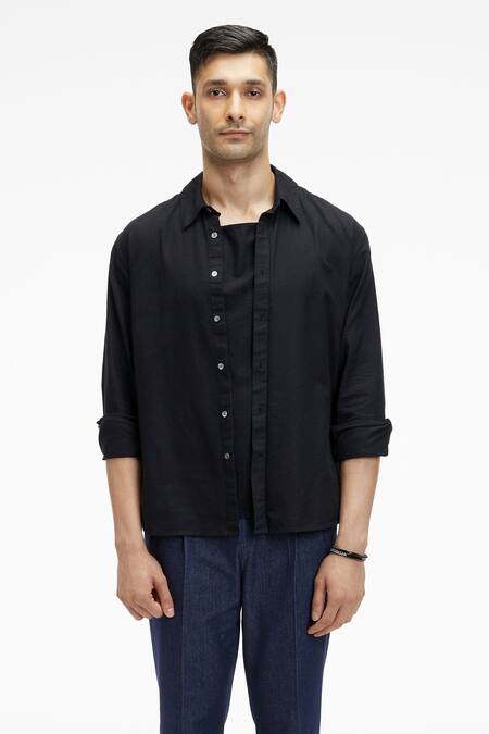 Terra Luna Black Cotton, Oxford Zouk Organic Handloom Shirt Online at Aza Fashions Terra Luna_Black Cotton, Oxford Zouk Organic Handloom Shirt_Online_at_Aza_Fashions