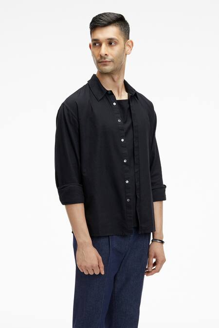 Buy Terra Luna Black Cotton, Oxford Zouk Organic Handloom Shirt Online at Aza Fashions Buy_Terra Luna_Black Cotton, Oxford Zouk Organic Handloom Shirt_Online_at_Aza_Fashions