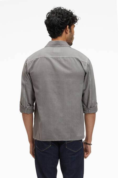 Shop Terra Luna Grey Cotton Zouk Organic Handloom Oxford Shirt at Aza Fashions Shop_Terra Luna_Grey Cotton Zouk Organic Handloom Oxford Shirt_at_Aza_Fashions