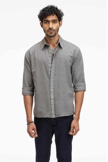 Terra Luna Grey Cotton Zouk Organic Handloom Oxford Shirt Online at Aza Fashions Terra Luna_Grey Cotton Zouk Organic Handloom Oxford Shirt_Online_at_Aza_Fashions