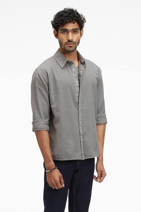 Buy Terra Luna Grey Cotton Zouk Organic Handloom Oxford Shirt Online at Aza Fashions Buy_Terra Luna_Grey Cotton Zouk Organic Handloom Oxford Shirt_Online_at_Aza_Fashions
