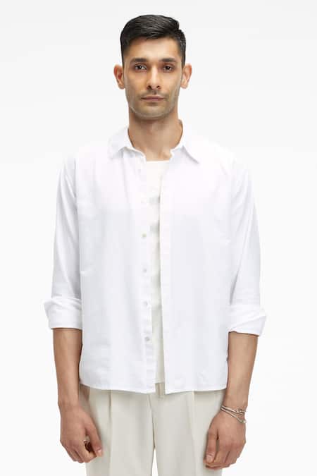Terra Luna_White Cotton Zouk Organic Handloom Oxford Shirt _Online_at_Aza_Fashions