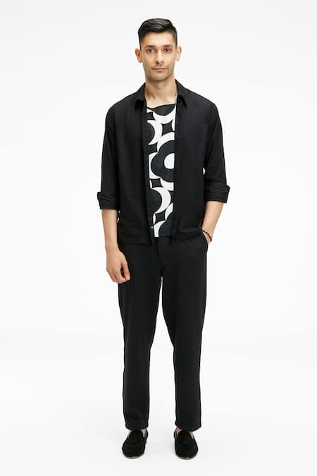 Terra Luna Black Cotton Embroidery Organic Handloom Oxford Printed Shirt 