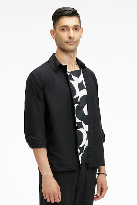 Buy_Terra Luna_Black Cotton Embroidery Organic Handloom Oxford Printed Shirt_Online_at_Aza_Fashions