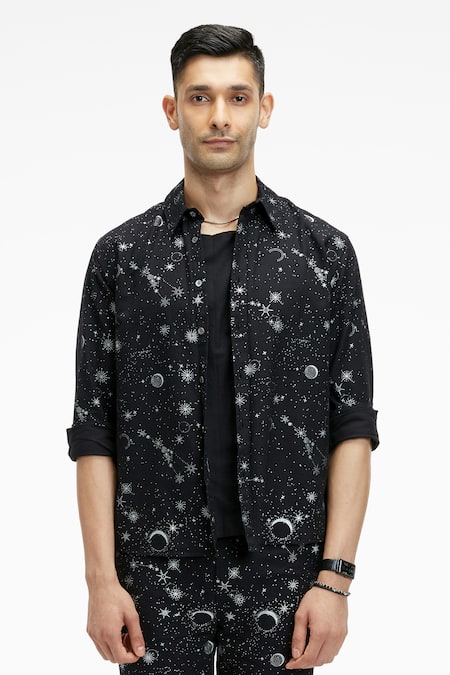 Terra Luna_Black Cotton Embroidery Zouk Organic Printed Shirt _Online_at_Aza_Fashions