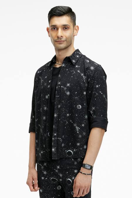 Buy_Terra Luna_Black Cotton Embroidery Zouk Organic Printed Shirt _Online_at_Aza_Fashions