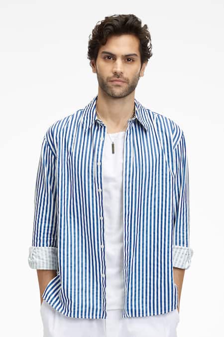 Terra Luna_White Cotton Bling Stripe Print Organic Shirt_Online_at_Aza_Fashions
