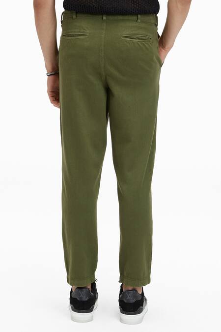 Shop_Terra Luna_Green 100% Handloom Twill Cotton Plain Argo Solid Pant_at_Aza_Fashions