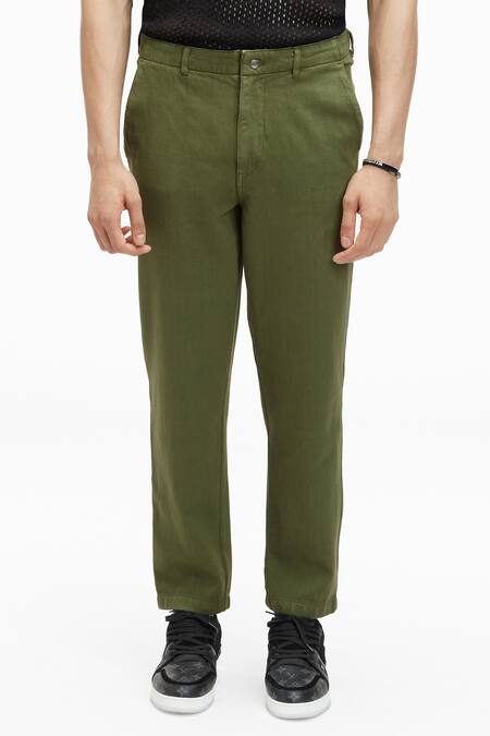 Terra Luna_Green 100% Handloom Twill Cotton Plain Argo Solid Pant_Online_at_Aza_Fashions