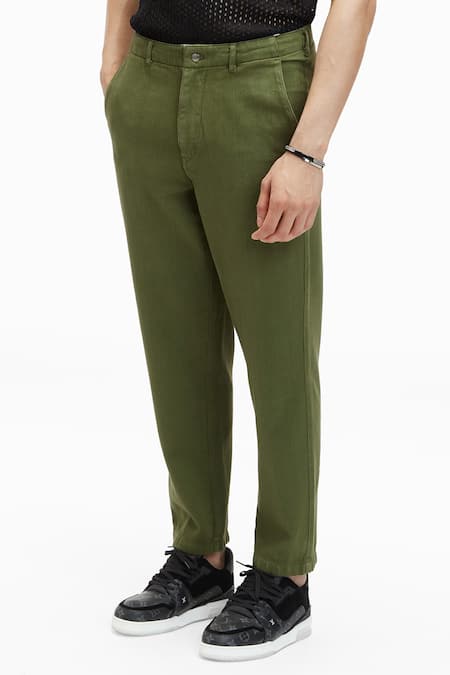 Buy_Terra Luna_Green 100% Handloom Twill Cotton Plain Argo Solid Pant_Online_at_Aza_Fashions