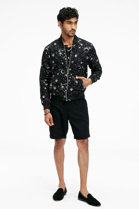 Terra Luna Black Cotton Embroidery Berghain Ecofoil Sparkle Print Bomber Jacket