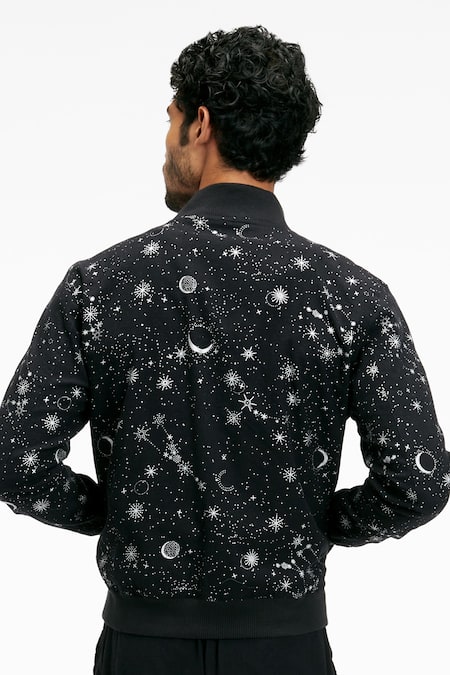 Shop Terra Luna Black Cotton Embroidery Berghain Ecofoil Sparkle Print Bomber Jacket at Aza Fashions Shop_Terra Luna_Black Cotton Embroidery Berghain Ecofoil Sparkle Print Bomber Jacket _at_Aza_Fashions