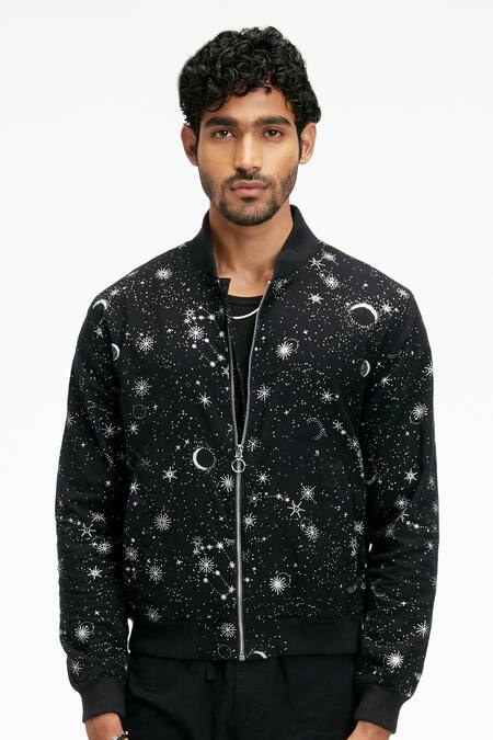 Terra Luna Black Cotton Embroidery Berghain Ecofoil Sparkle Print Bomber Jacket Online at Aza Fashions Terra Luna_Black Cotton Embroidery Berghain Ecofoil Sparkle Print Bomber Jacket _Online_at_Aza_Fashions