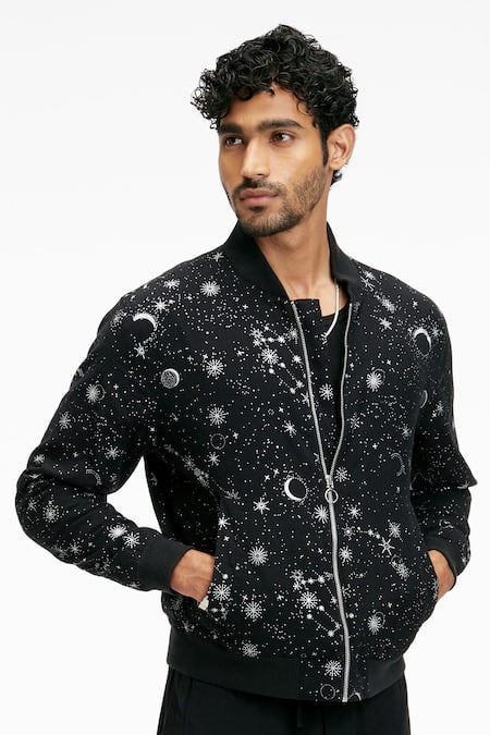 Buy Terra Luna Black Cotton Embroidery Berghain Ecofoil Sparkle Print Bomber Jacket Online at Aza Fashions Buy_Terra Luna_Black Cotton Embroidery Berghain Ecofoil Sparkle Print Bomber Jacket _Online_at_Aza_Fashions
