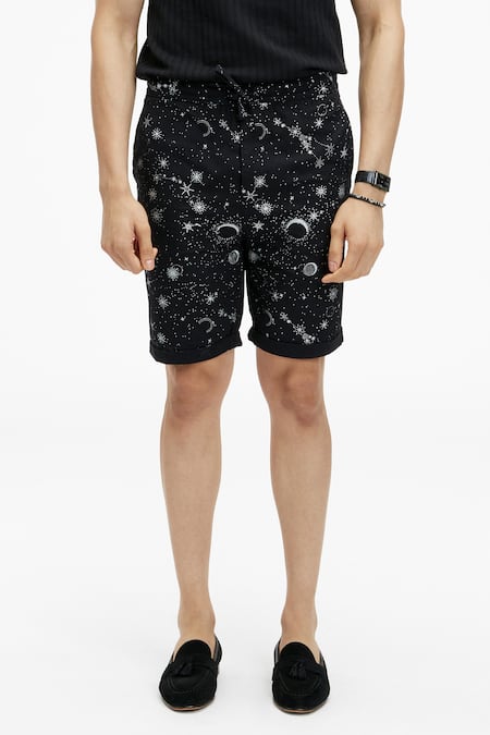 Terra Luna Black Cotton Laroc Ecofoil Sparkle Print Shorts Online at Aza Fashions Terra Luna_Black Cotton Laroc Ecofoil Sparkle Print Shorts _Online_at_Aza_Fashions
