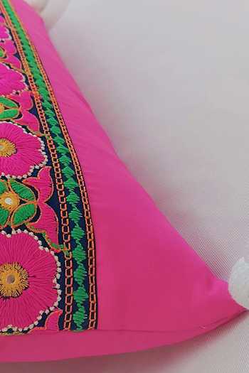 Throwpillow_Pink Cotton Embroidered Tassel Cushion Cover_Online_at_Aza_Fashions