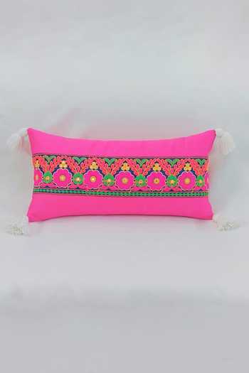 Throwpillow_Pink Cotton Embroidered Tassel Cushion Cover_at_Aza_Fashions
