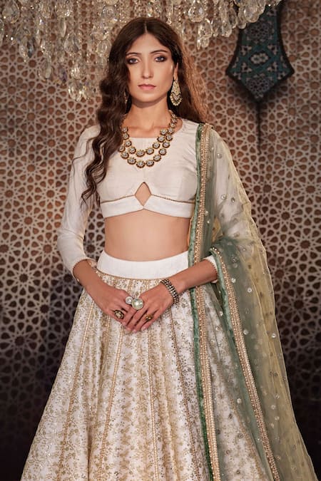 Cedar & Pine_Ivory Silk, Chiffon Sequins, Embroidery Round Neck Floral Jaal Lehenga Set _Online_at_Aza_Fashions