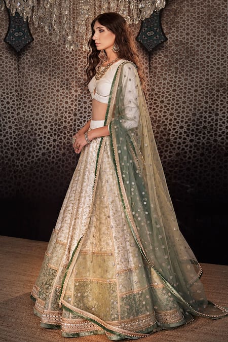 Buy_Cedar & Pine_Ivory Silk, Chiffon Sequins, Embroidery Round Neck Floral Jaal Lehenga Set _Online_at_Aza_Fashions