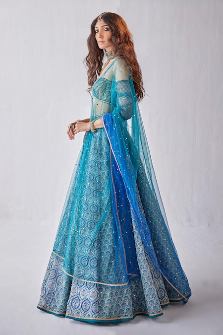 Cedar & Pine Blue Organza Sequins Off-shoulder Floral Mughal Print Lehenga Set Online at Aza Fashions Cedar & Pine_Blue Organza Sequins Off-shoulder Floral Mughal Print Lehenga Set _Online_at_Aza_Fashions