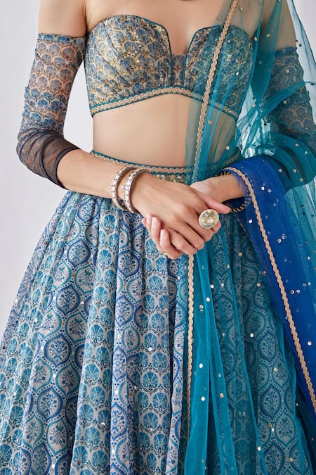 Buy Cedar & Pine Blue Organza Sequins Off-shoulder Floral Mughal Print Lehenga Set Online at Aza Fashions Buy_Cedar & Pine_Blue Organza Sequins Off-shoulder Floral Mughal Print Lehenga Set _Online_at_Aza_Fashions
