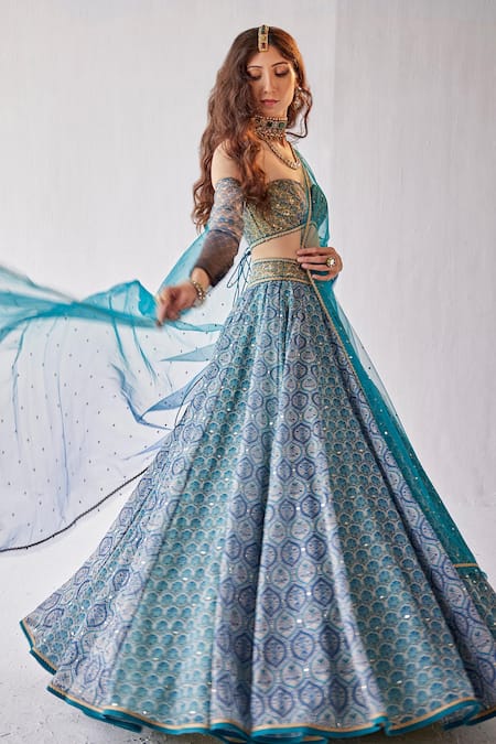 Shop Cedar & Pine Blue Organza Sequins Off-shoulder Floral Mughal Print Lehenga Set Online at Aza Fashions Shop_Cedar & Pine_Blue Organza Sequins Off-shoulder Floral Mughal Print Lehenga Set _Online_at_Aza_Fashions