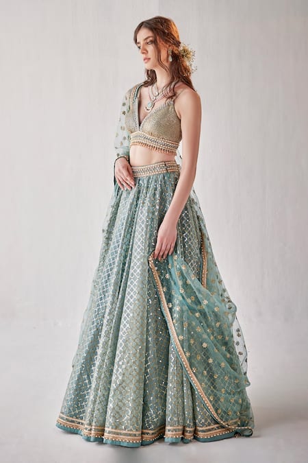 Cedar & Pine_Blue Organza Sequins, Embroidery Plunge Neck Jaal Lehenga Set _Online_at_Aza_Fashions