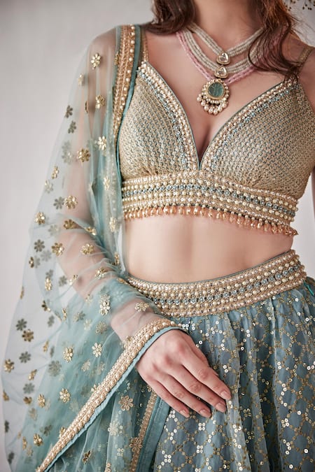 Buy_Cedar & Pine_Blue Organza Sequins, Embroidery Plunge Neck Jaal Lehenga Set _Online_at_Aza_Fashions