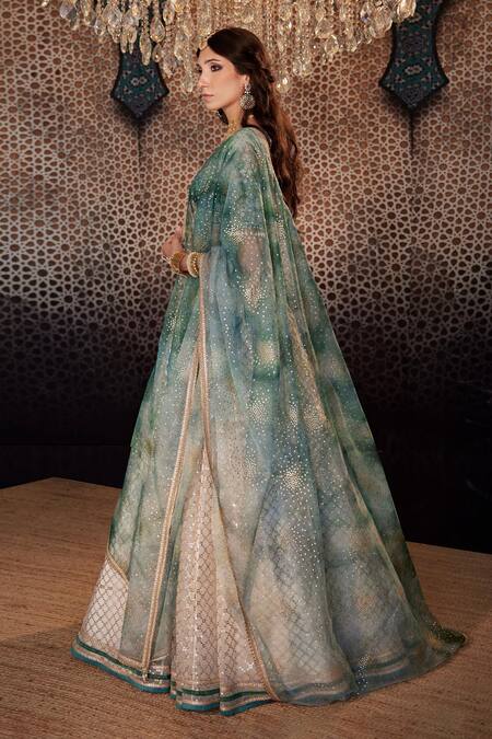 Cedar & Pine Ivory Organza Sequins, Embroidery V-neck Jaali Lehenga Set Online at Aza Fashions Cedar & Pine_Ivory Organza Sequins, Embroidery V-neck Jaali Lehenga Set _Online_at_Aza_Fashions