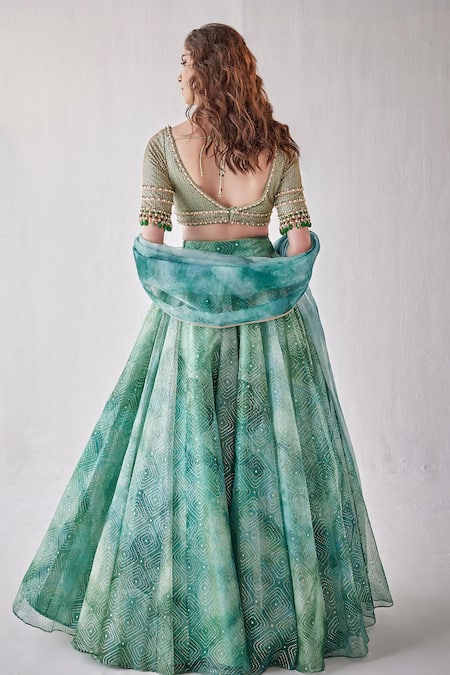Shop Cedar & Pine Green Organza Sequins, Embroidery V-neck Abstract Print Lehenga Set at Aza Fashions Shop_Cedar & Pine_Green Organza Sequins, Embroidery V-neck Abstract Print Lehenga Set _at_Aza_Fashions