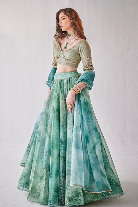 Cedar & Pine Green Organza Sequins, Embroidery V-neck Abstract Print Lehenga Set Online at Aza Fashions Cedar & Pine_Green Organza Sequins, Embroidery V-neck Abstract Print Lehenga Set _Online_at_Aza_Fashions