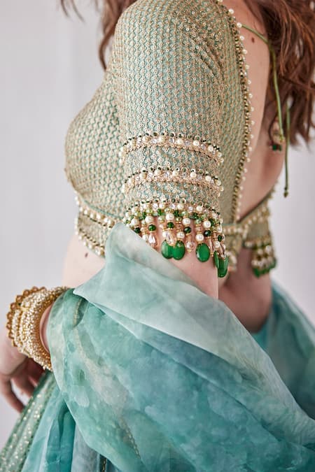 Buy Cedar & Pine Green Organza Sequins, Embroidery V-neck Abstract Print Lehenga Set Online at Aza Fashions Buy_Cedar & Pine_Green Organza Sequins, Embroidery V-neck Abstract Print Lehenga Set _Online_at_Aza_Fashions