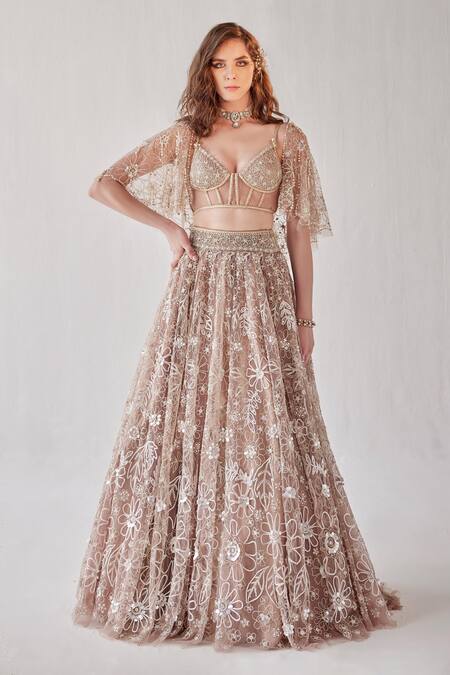 Cedar & Pine Beige Tulle Embroidered Sequin Cape Open Floral Lehenga Set  