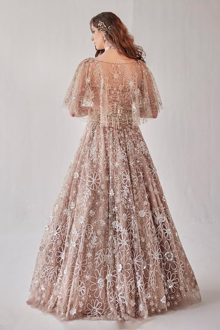 Cedar & Pine Floral Embroidered Lehenga Cape Set 