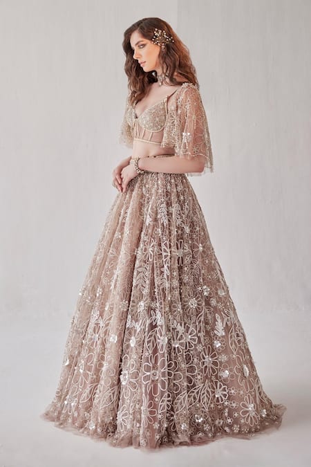 Cedar & Pine_Beige Tulle Pearls, Sequins, Embroidery V-neck Floral Lehenga Cape Set _Online_at_Aza_Fashions