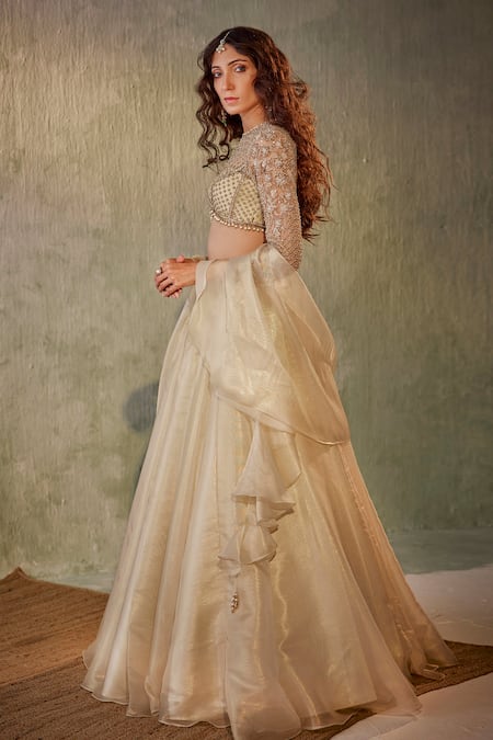 Cedar & Pine Ivory Organza Pearls, Sequins, Embroidery Embellished Sheer Blouse Lehenga Set Online at Aza Fashions Cedar & Pine_Ivory Organza Pearls, Sequins, Embroidery Embellished Sheer Blouse Lehenga Set _Online_at_Aza_Fashions