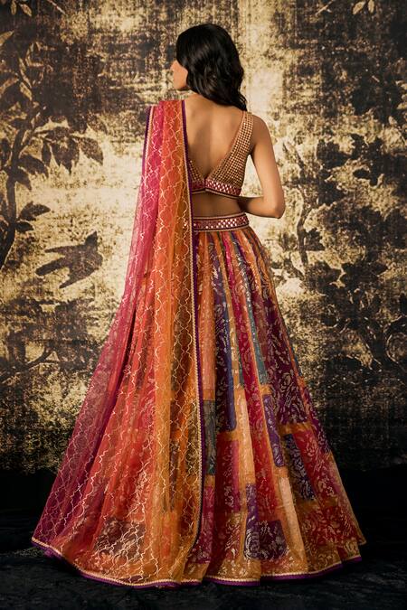 Shop Cedar & Pine Multi Color Organza Sequins, Foil Printing Floral Block Lehenga Blouse Set at Aza Fashions Shop_Cedar & Pine_Multi Color Organza Sequins, Foil Printing Floral Block Lehenga Blouse Set_at_Aza_Fashions