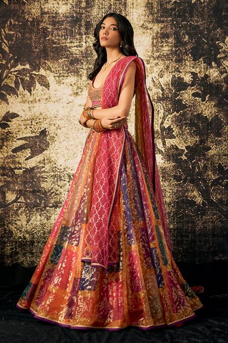 Cedar & Pine Multi Color Organza Sequins, Foil Printing Floral Block Lehenga Blouse Set Online at Aza Fashions Cedar & Pine_Multi Color Organza Sequins, Foil Printing Floral Block Lehenga Blouse Set_Online_at_Aza_Fashions